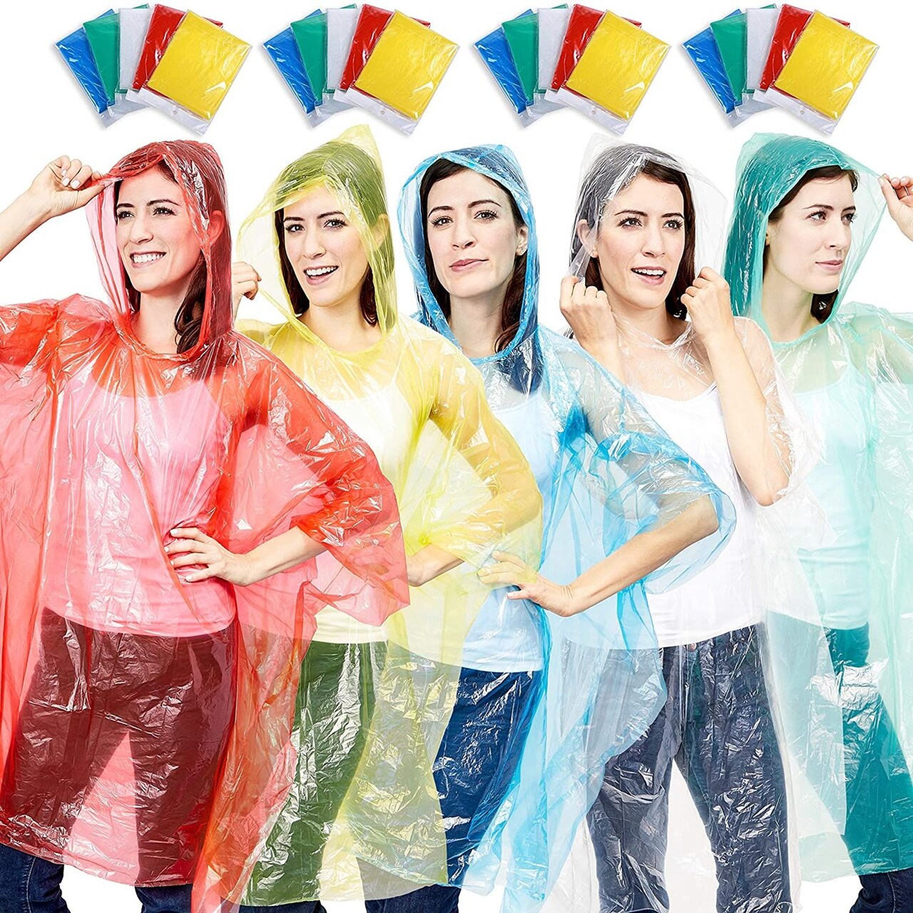 Juvale 20 Pack Disposable Rain Ponchos with Hood for Adults and Family Clear Multicolor Emergency Raincoats